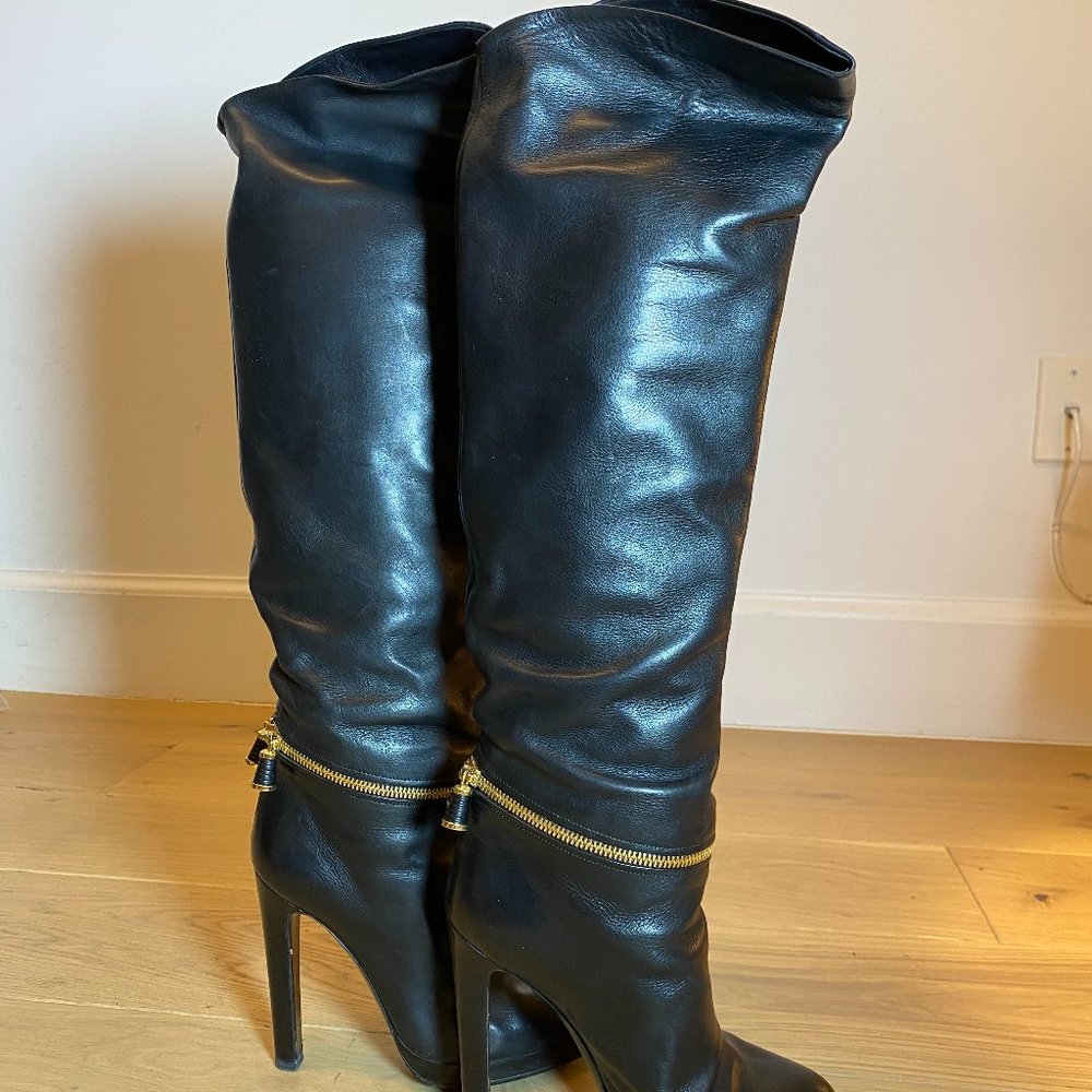 Sergio Rossi Black Leather Knee High Boots  (Size 36) - Brand new No Box